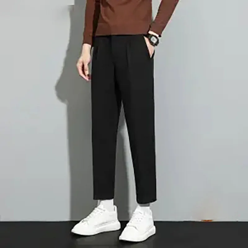 

Men Casual Woolen Pants 2023 Autumn Winter Thicken Plush Warm Male Trousers Straight Solid Color Elastic Suit Pants
