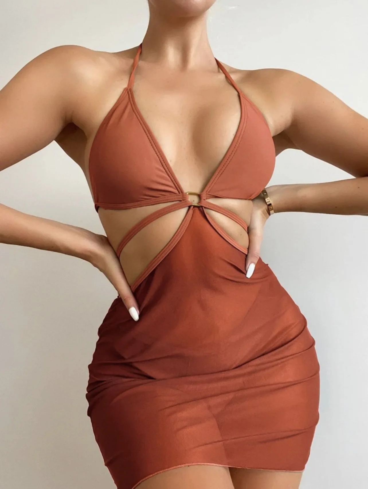 

2023 Summer Korean Fashion Swimsuit Women's 3pcs 비키니 Solid Color Lace-up Sexy Hollow Out Bikini Bathing Suit Swimwear Beach Set
