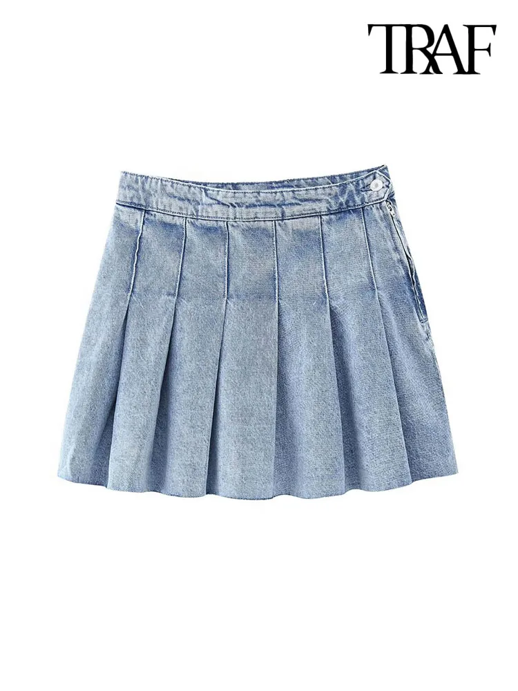 

TRAF Women Fashion Pleated Denim Mini Skirt Vintage High Waist Side Zipper Female Skirts Mujer