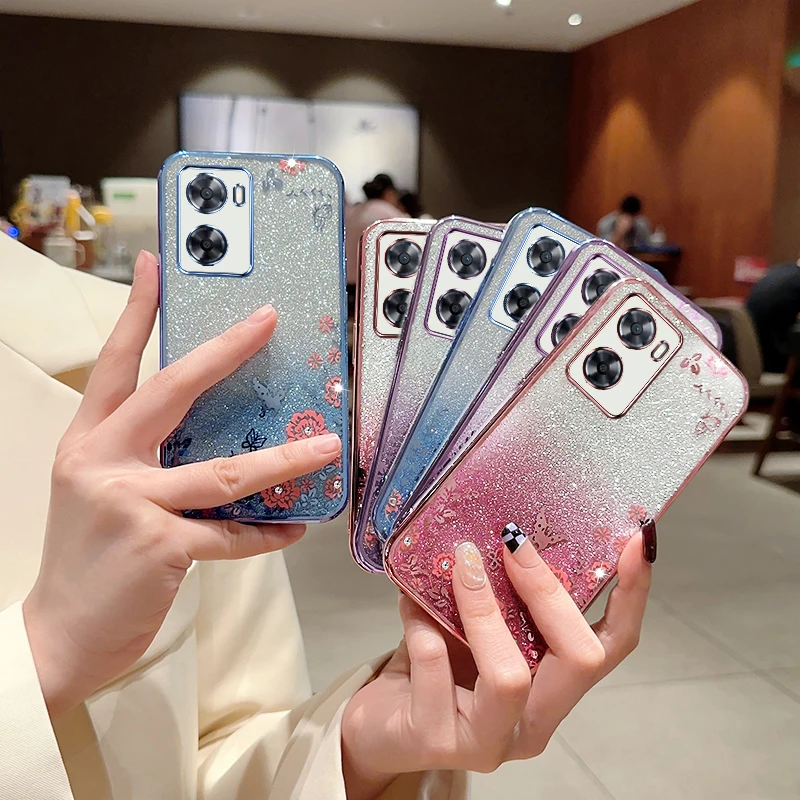 Блестящий блестящий цветок для OPPO A57 2022 4G A77S A77 чехол телефона A76 A96 противоударный