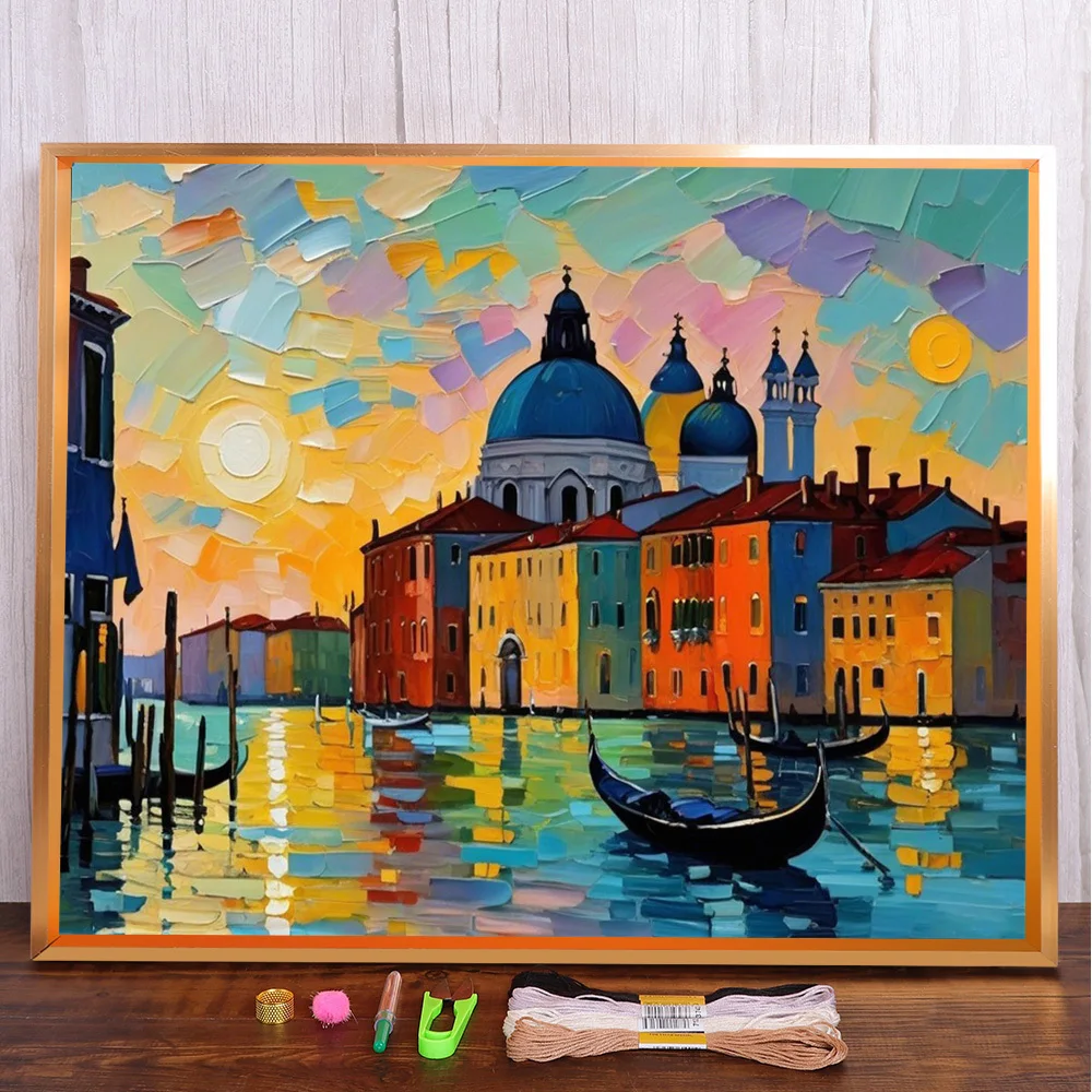 Landscape Seaside Building Cross Stitch Complete Kit DIY Embroidery Hobby Handmade Craft Sewing Room Decor Home Decor Jewelry