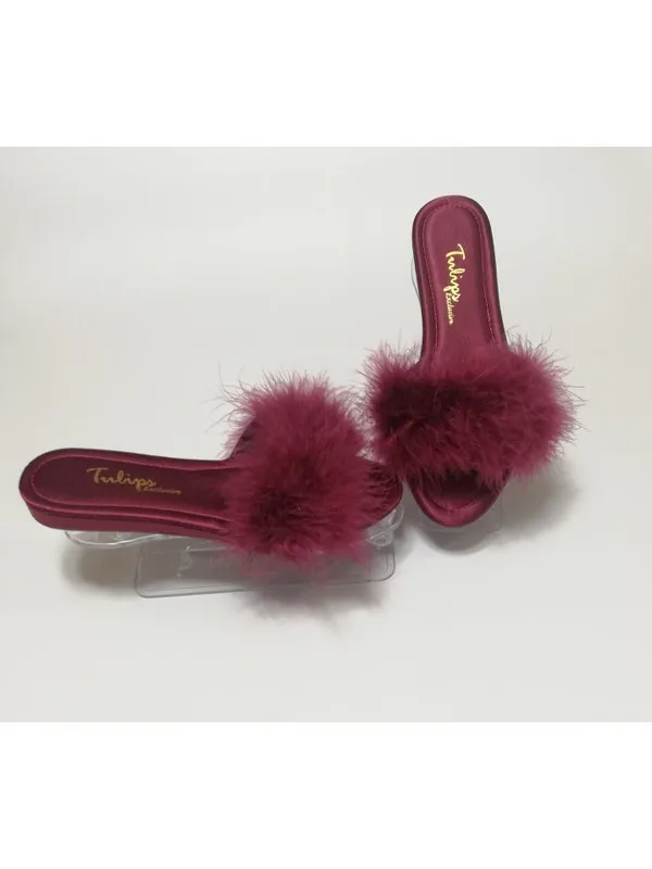 

Megalaksi Bayan Çeyizlik Women Feathered Bridal Slippers Maroon