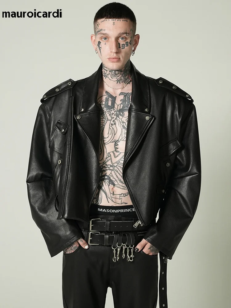 

Mauroicardi Spring Autumn Cool Short Oversized Black Pu Leather Biker Jacket Men Long Sleeve Luxury Designer Unisex Clothes 2023