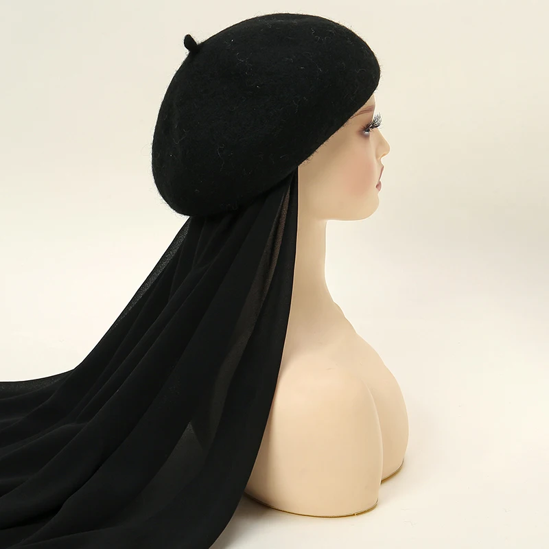 Оптовая продажа мгновенный хиджаб шифоновая шаль сшитый берет Удобный головной