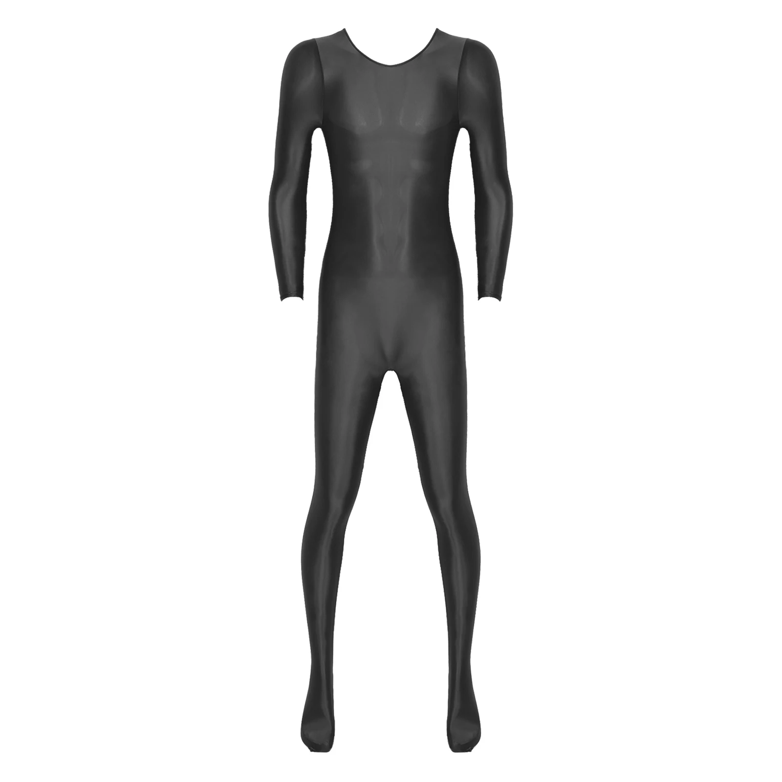 Mens Bodystocking Underwear Smooth Long Sleeve Solid Color Round Neck Bodysuit Pantyhose Nightwear Yoga Sports Fitness Tights