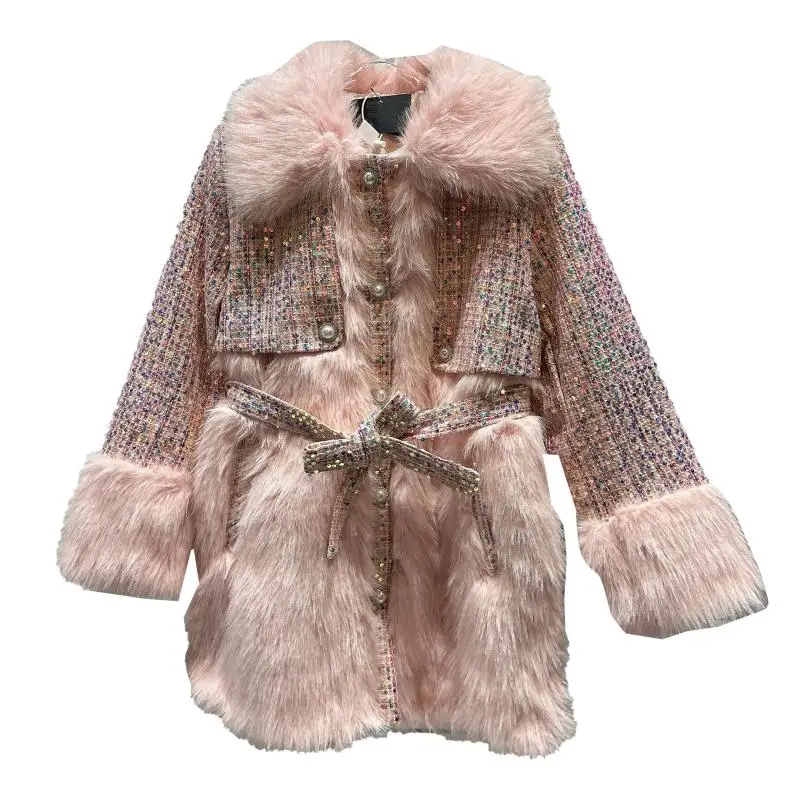 Новинка Зима 2022 модный твидовый шерстяной стеганый тренчкот средней длины с