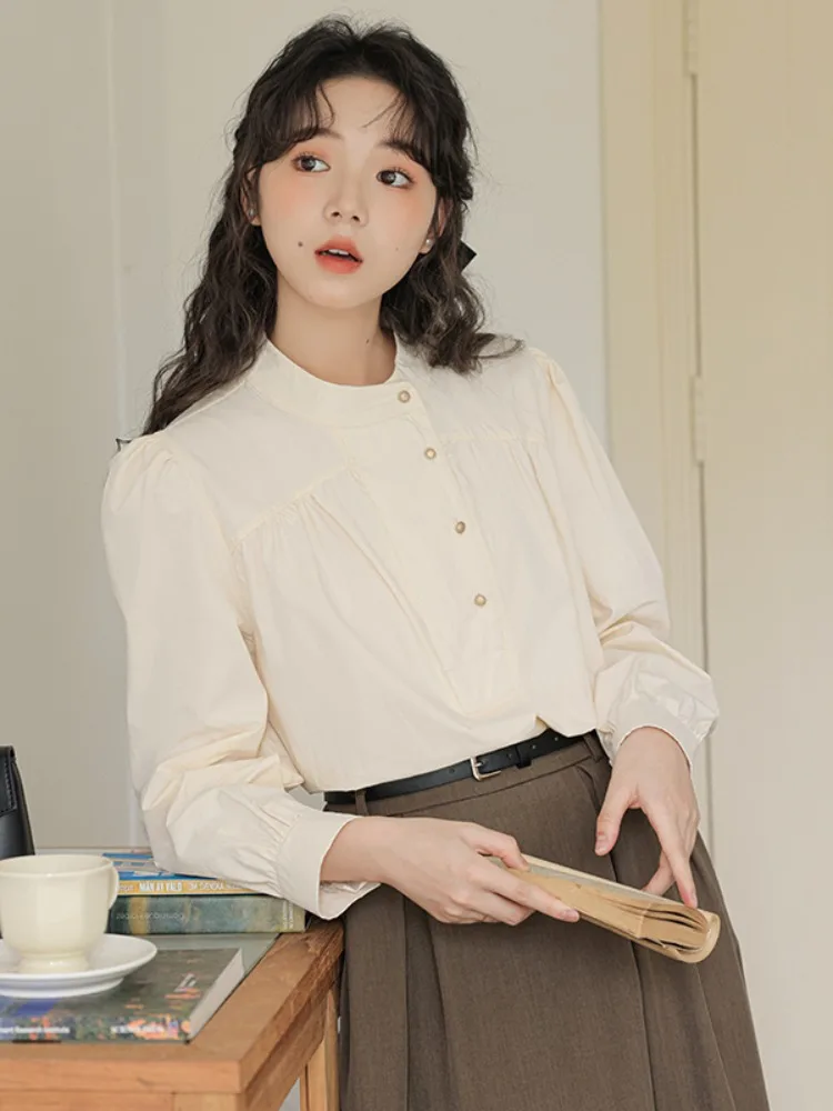 Женская рубашка с воротником-стойкой свободная универсальная длинным рукавом в