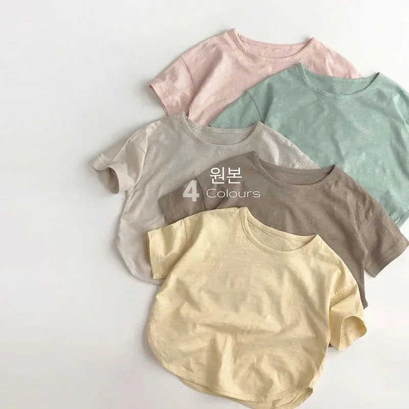 

2023 Kids Summer T-shirt Solid Boys Girls Korea Outwear Breathable Clothes For 2-7T Loose Children Cotton Basic Colorful Tops
