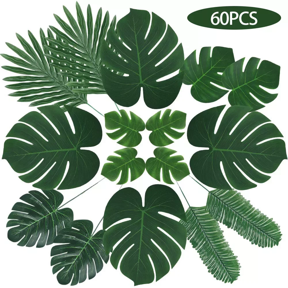 

60 Pcs 6 Kinds Monstera Artificial Palm Leaves Tropical Plant Faux Stems Hawaiian Party Decorations Jungle Beach Theme Table