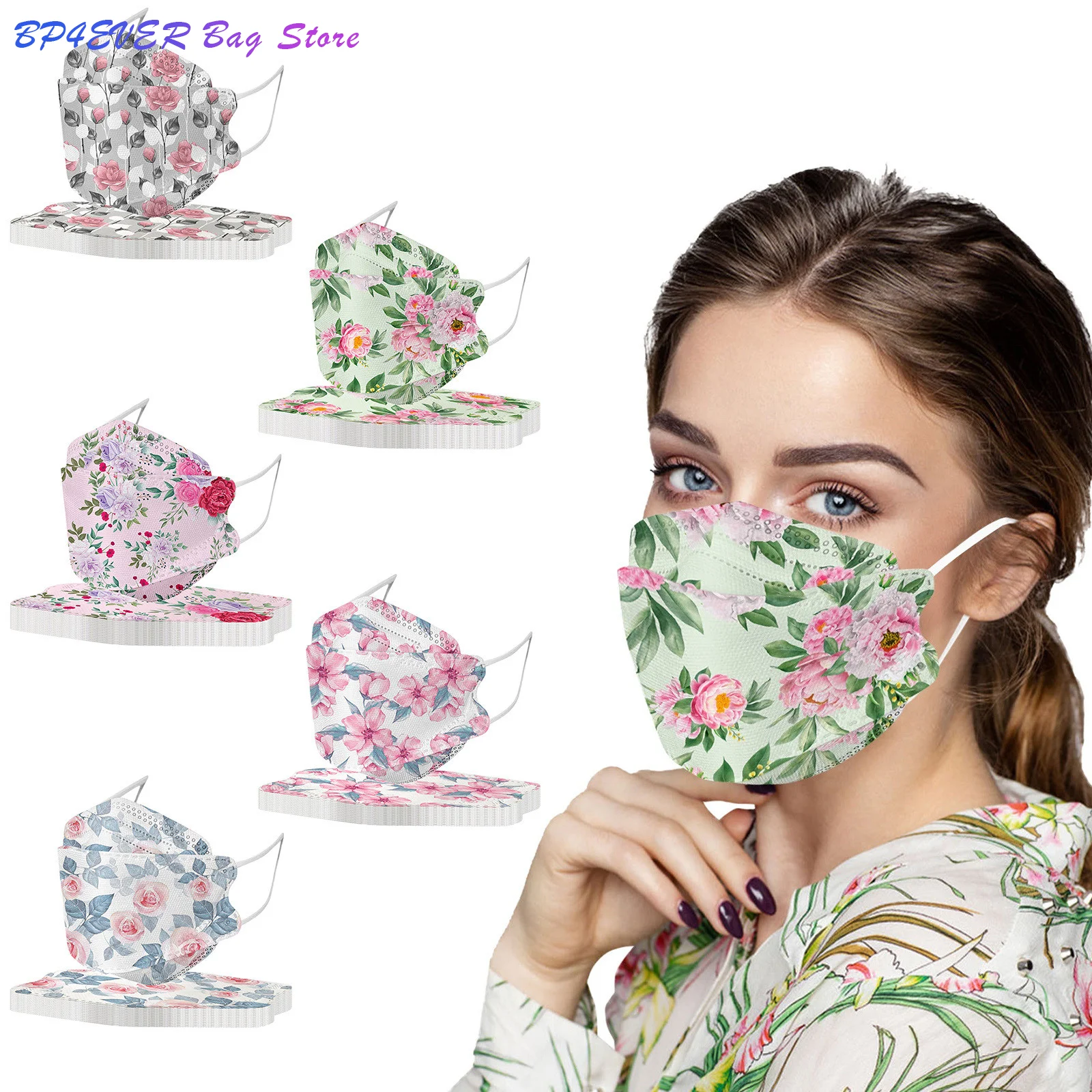 

50PCS mask elegant floral print Adults Daily Flower Prints 4-Layer Mask Disposable Face Mask Mascherine cosplay Headband 2022