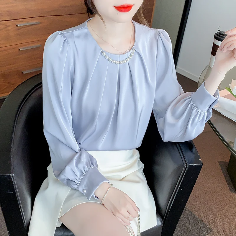 Новая женская блузка с круглым вырезом и бисером белая длинным рукавом рубашка