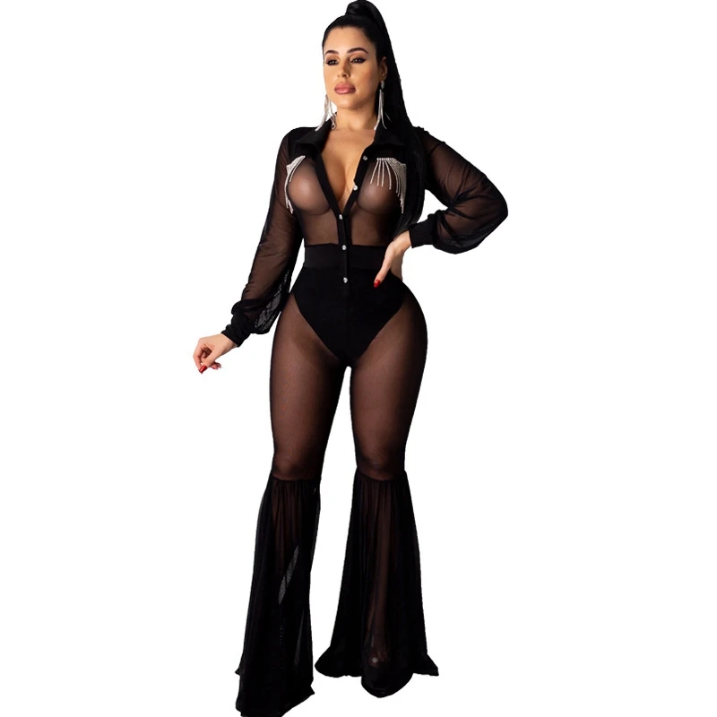 

Sheer Mesh Sexy Jumpsuit for Women Long Sleeve Flare Pants Romper Bodysuit One Piece Party Night Club Rompers Womens Jumpsuit