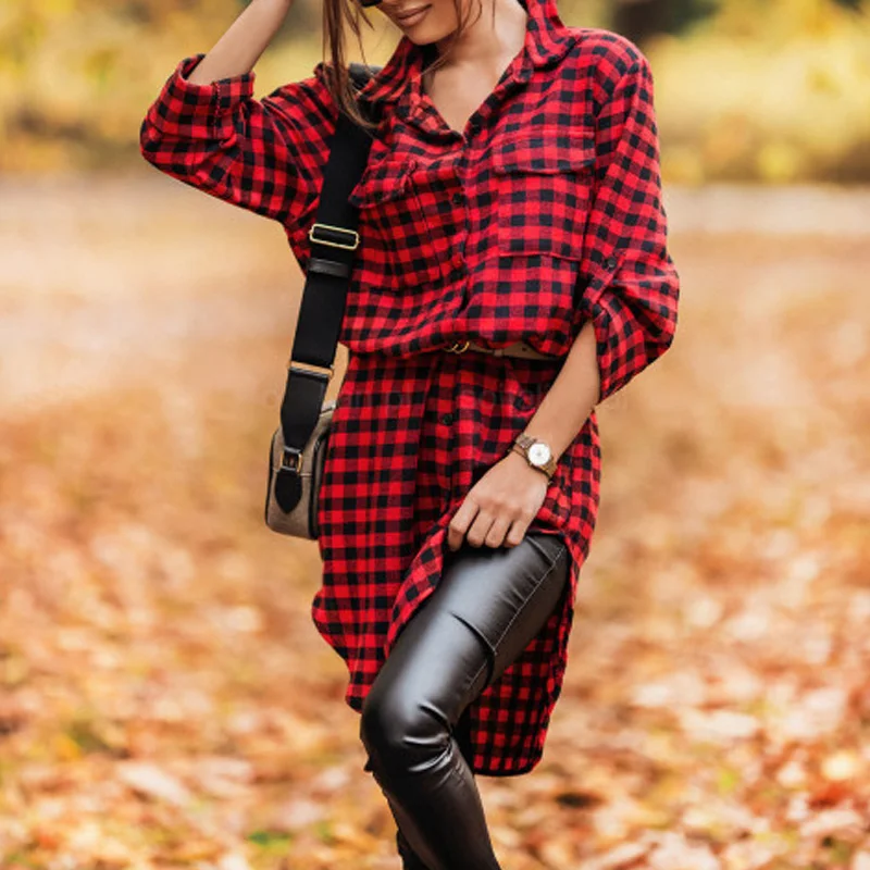 

Женское платье-рубашка в клетку, демисезонное асимметричное офисное платье в стиле ретро с одной грудью и отрегулированным рукавом, с пуговицами