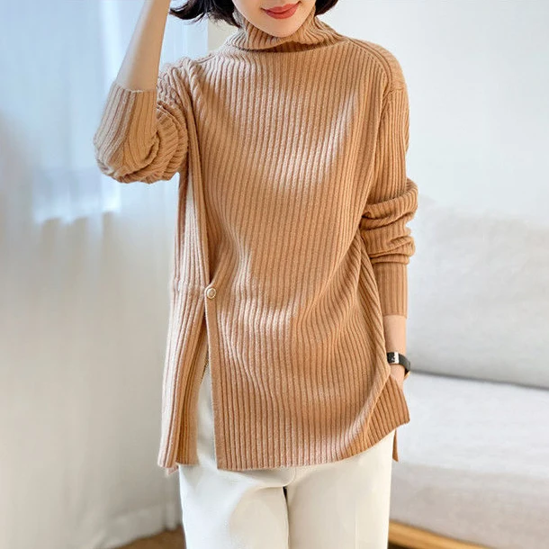 

2021 multi-level new high neck pit wool knit sweater female design sense niche sweater winter sweater women Casual