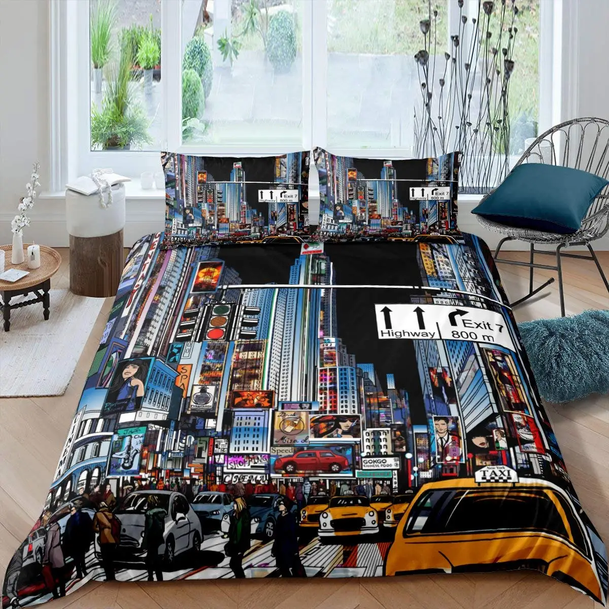 

Cityscape Duvet Cover Set New York City Night View Quilt Cover for Boys Adults Microfiber Building Bedding Set 2/3Pcs King Size