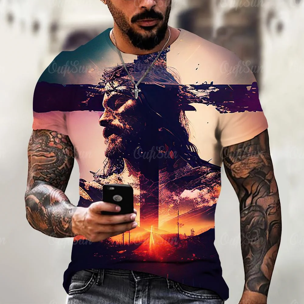 

New Men'S T-Shirt 3d Jesus Print Short Sleeve Tops Summer Quick Drying Pullover Fashion Street Men Clothing Loose Oversized Tees