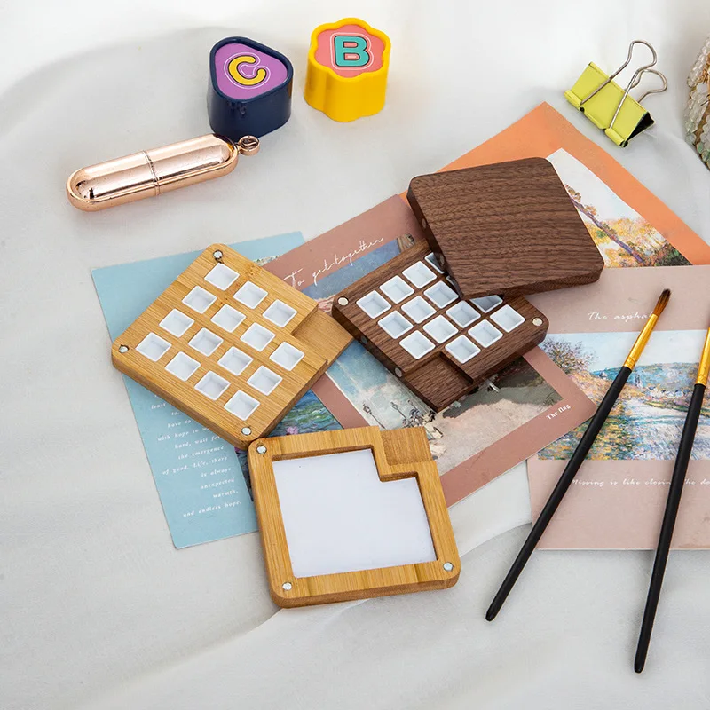

Children's Handmade Wooden Watercolor Pigment Packaging Box Portable Wooden Grid 15 Grid Watercolor Color Mixing Box Gouache