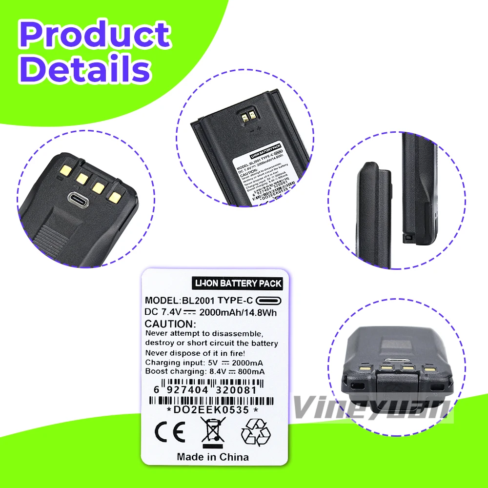 Фото Литий-ионный аккумулятор HYT BL2001 2000 мАч Type-C USB для радиостанций Hytera TC-610, TC-610P, TC-618, TC-620, TC-626, BL1204 №4