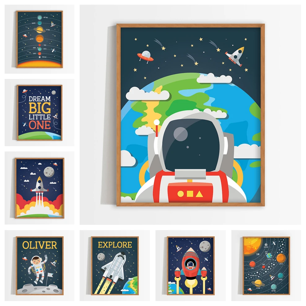 

Космическая планшетофон с солнечной батареей, картина астронавта в скандинавском стиле для детской комнаты, настенное искусство для гости...