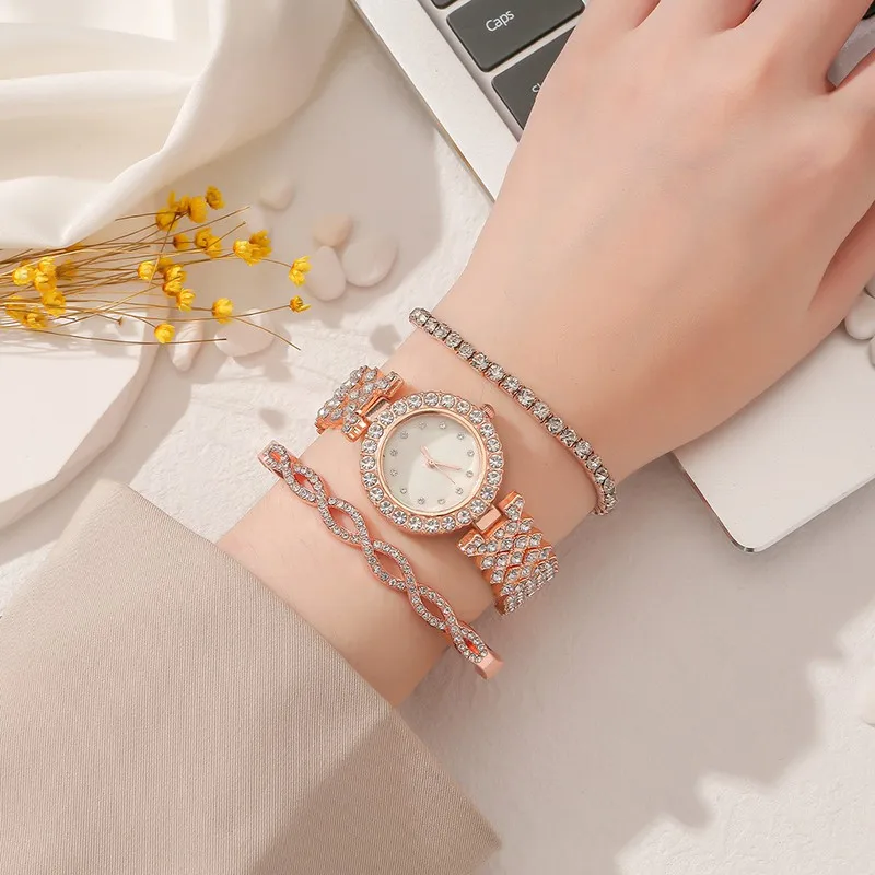 3PCS Fashion High end Small Fresh Women's Full Zircon Exquisite Watch Set Commemorative Festival Gift Gift Best Choice