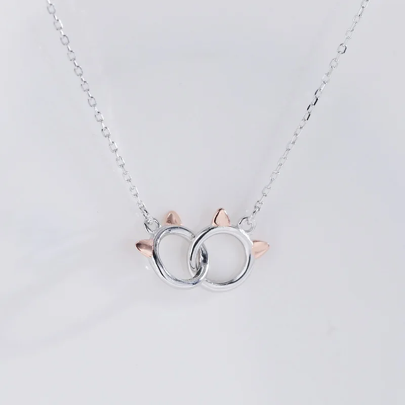 

S925 Sterling Silver Double Cat Necklace Korean Edition Ins Hollow Personalized Collar Chain Silver Jewelry Wholesale Order