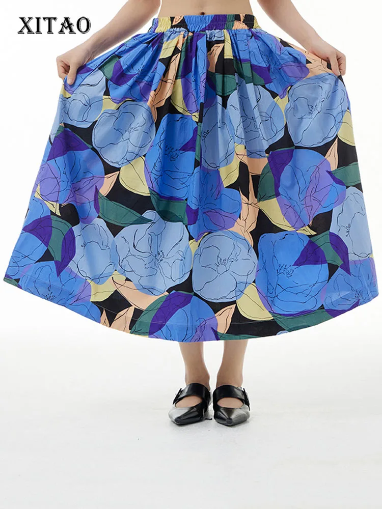 

XITAO Print Skirt Fashion French Flowers Pattern Folds Elastic Waist Casual All-match Large Size Loose New Arrival WMD6158
