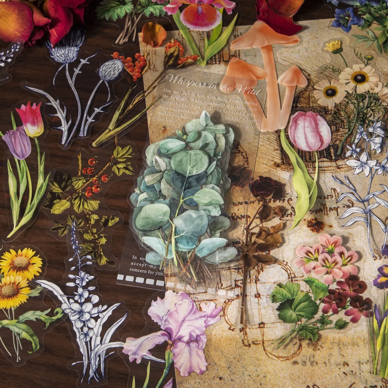 

40 шт., винтажные наклейки в виде тюльпанов, грибов, цветов, домашних животных