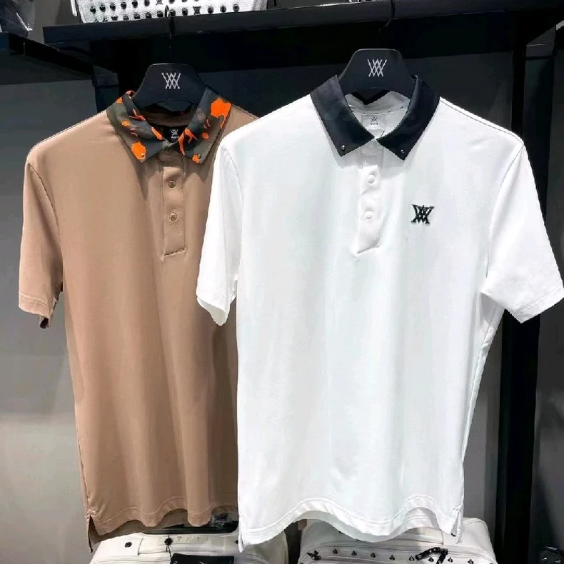 

ANEW Men's Color-blocking POLO Shirt 2022 Summer Skin-friendly Breathable Elastic Short-sleeved T-shirt Korean Golf Clothing