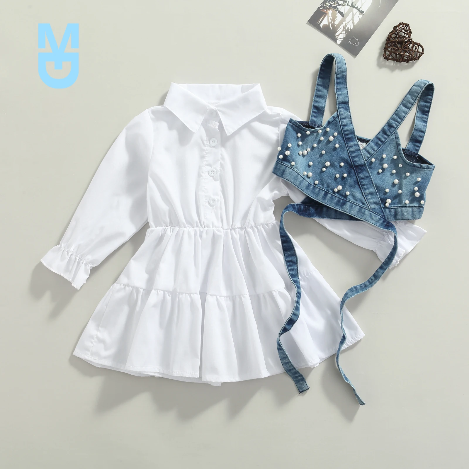 

New 2Pcs Kids Summer Outfit, Solid Color Lantern Sleeves Shirt Dress + Denim Beading Vest for Girls, 1-6 Years