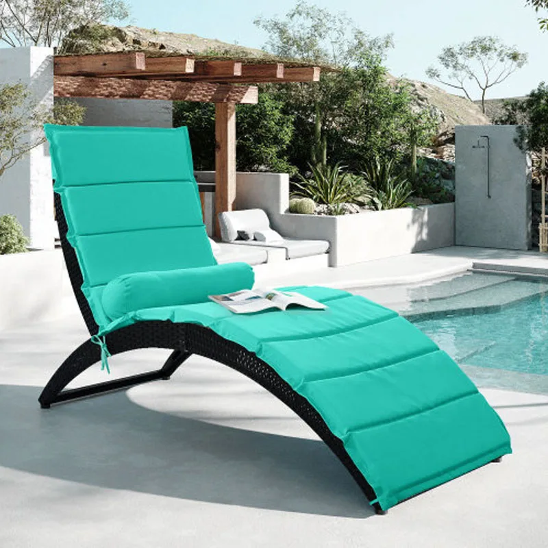 

Плетеный шезлонг для патио, складной шезлонг с съемной подушкой и подушкой, Черная Плетеная и Бирюзовая подушка