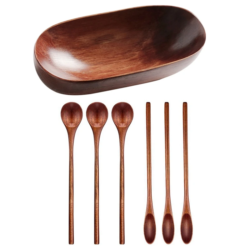 

1 Pcs Wooden Dried Fruit Dish Solid Wood Tableware Food Serving Tray & 6 Pcs Long Handle Wooden Mixing Spoon