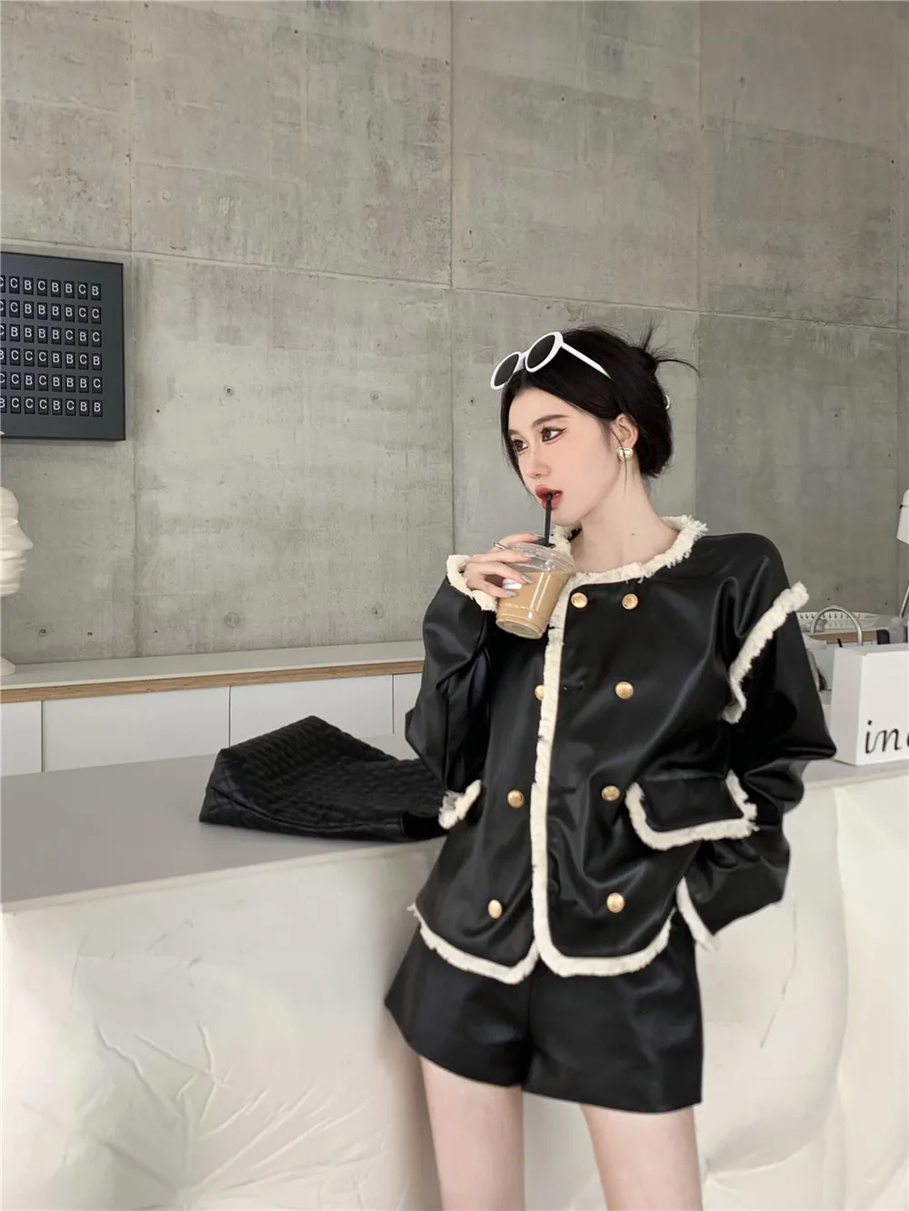 Black Pu Leather  Long Sleeved Jacket Women's Autumn 2022 Luxury Y2k Girl Loose Top Jacket  O Neck  High Street Fashion Clothes