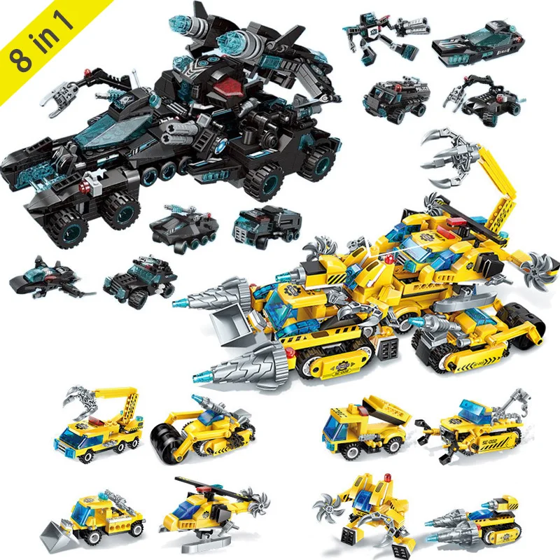 

Qman Super Chariot Building Blocks 8 In 1 Deformable Engineering Car SWAT Shadow Pulse vehicle Kids Educational Bricks Boy's Toy