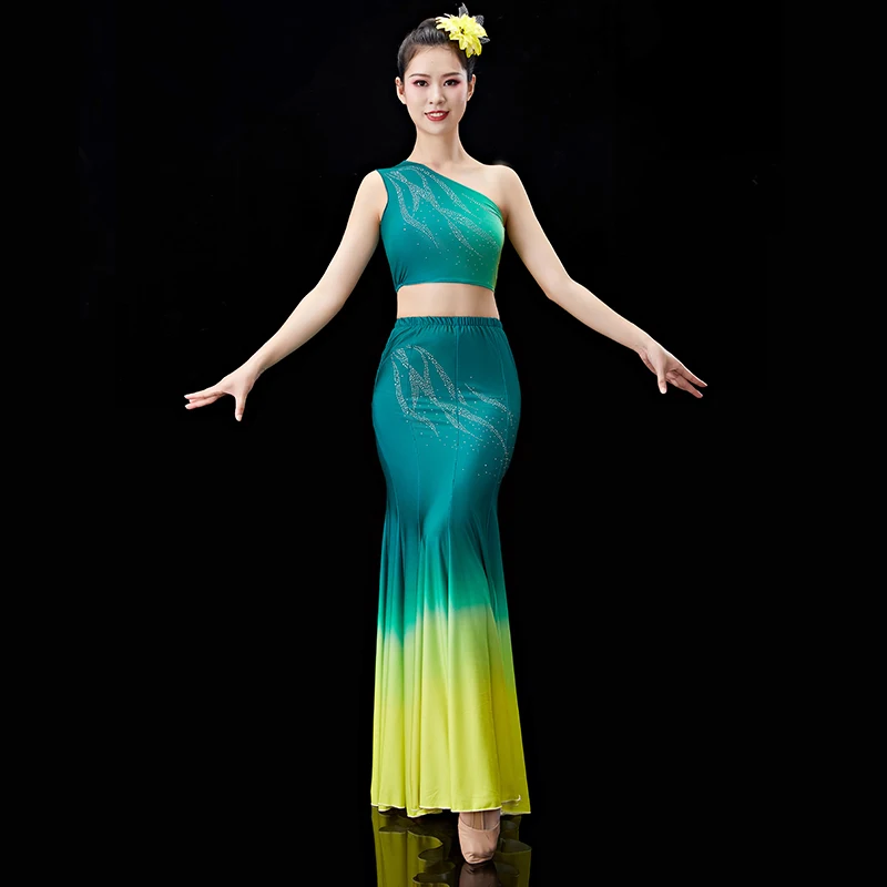 Chinese Ethnic Minority Dai Dance Dress Women Practice Performance Dress Female Dance Dress Peacock Dance Fishtail Dress