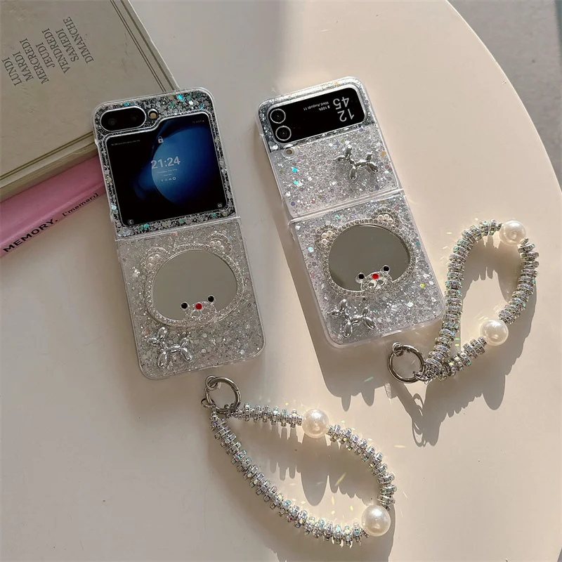 Милый чехол для телефона с зеркальным медведем Samsung Z Flip 6 5 4 3 цепочкой корейские