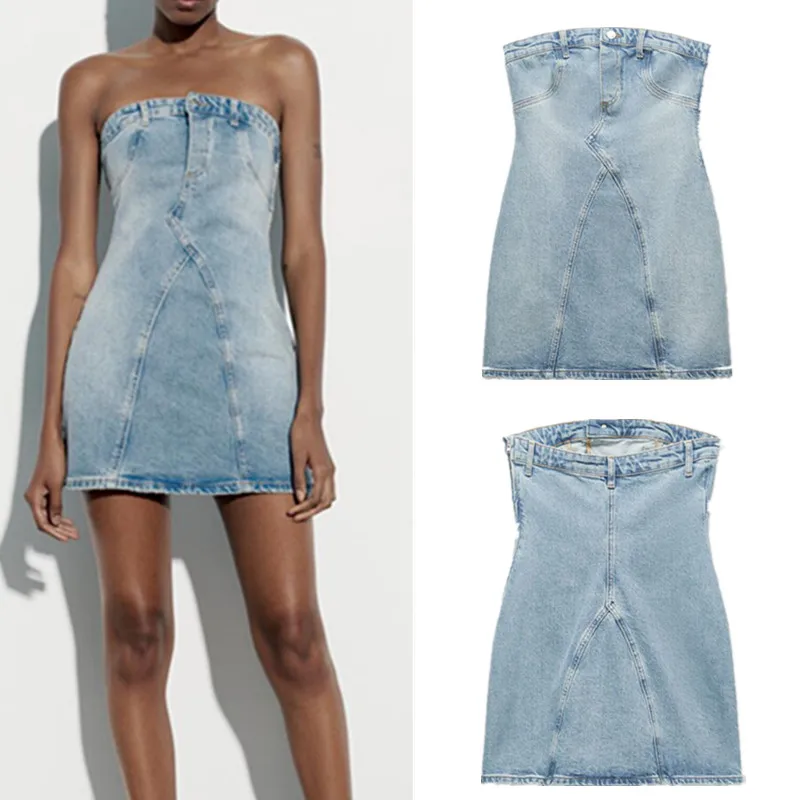 

COS LRIS summer new women's European and American street strapless tube top slim fit bag hip denim dress 9213/011