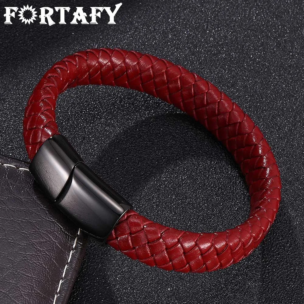

FORTAFY Bracelet Wine Red Leather Braided Bracelet Male Handmade Jewelry Punk Stainless Steel Magnetic Clasp Man Bangles FR0021