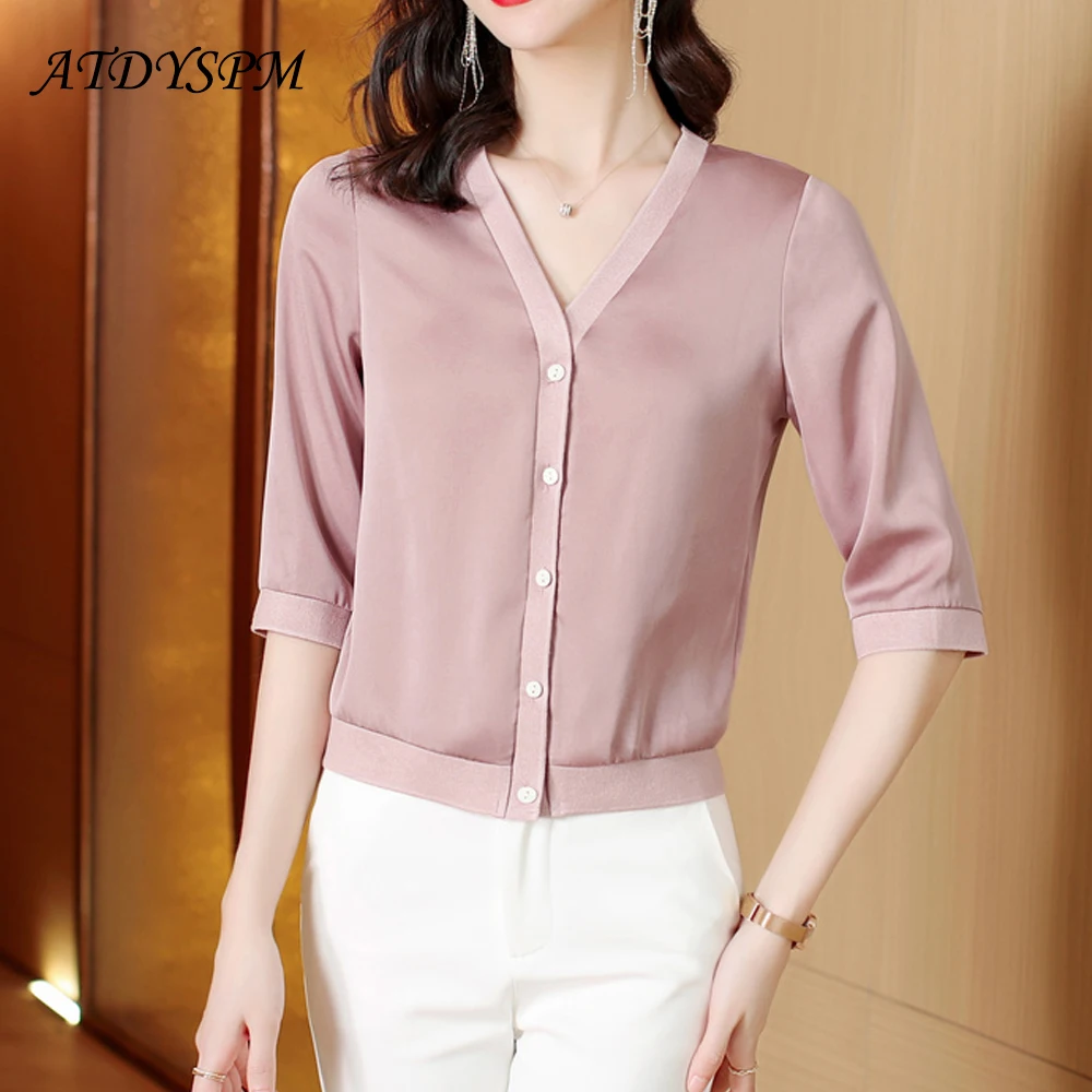 

Elegant Summer Thin Satin Cardigan Women Solid 3/4 Sleeve Chic Korean Fashion Female Tops Shirts Blouses Vintage Casual Clothing