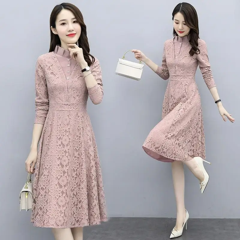 

Lace Dress Women 2022 Spring Autumn High Waist Long Sleeve Bodycon Dresses Vintage Design Hook Flower Hollow Vestidos E15