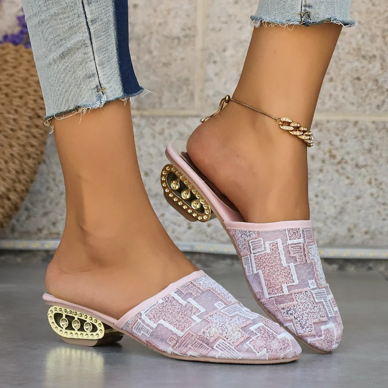 

Women Shoes 2022 Summer New Fashion Sexy Hollow Rhinestone Slippers Ladies Mesh Slip-on Party Slippers Femme Zapatos De Mujer