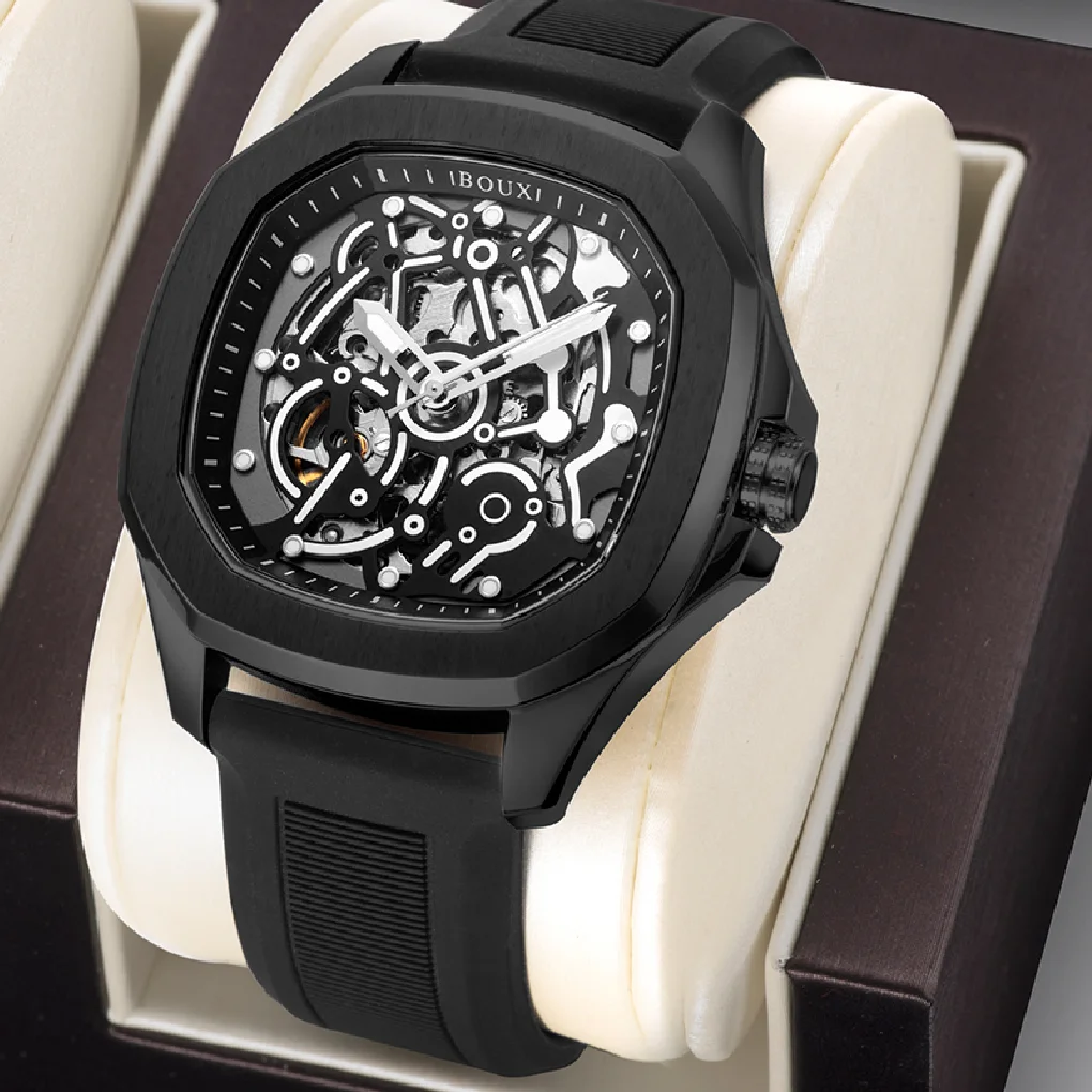 

BOUX Super Skeleton Men Automatic Mechanical Watch Luminous Hands Silicone Strap 1963 Seagull Movement Military Wristwatches