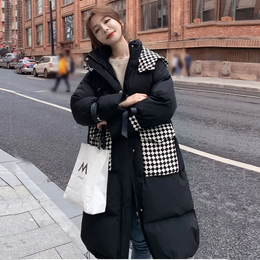 Winter Women Hooded Parkas Long Jackets Casual Thick Warm Windproof Coat Female Outwear Long Streetwear Zipper Plaid Pockets S76