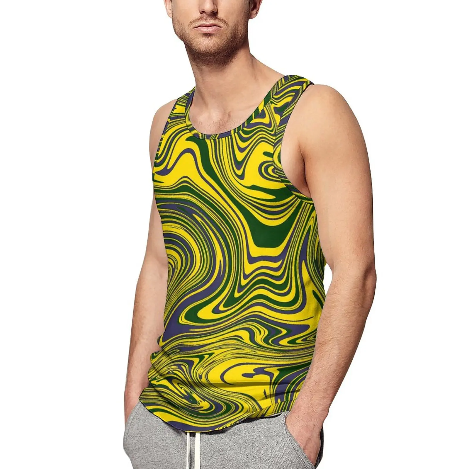 

Swirls Print Tank Top Man's Yellow Green Purple Tops Summer Custom Gym Sportswear Oversized Sleeveless Shirts