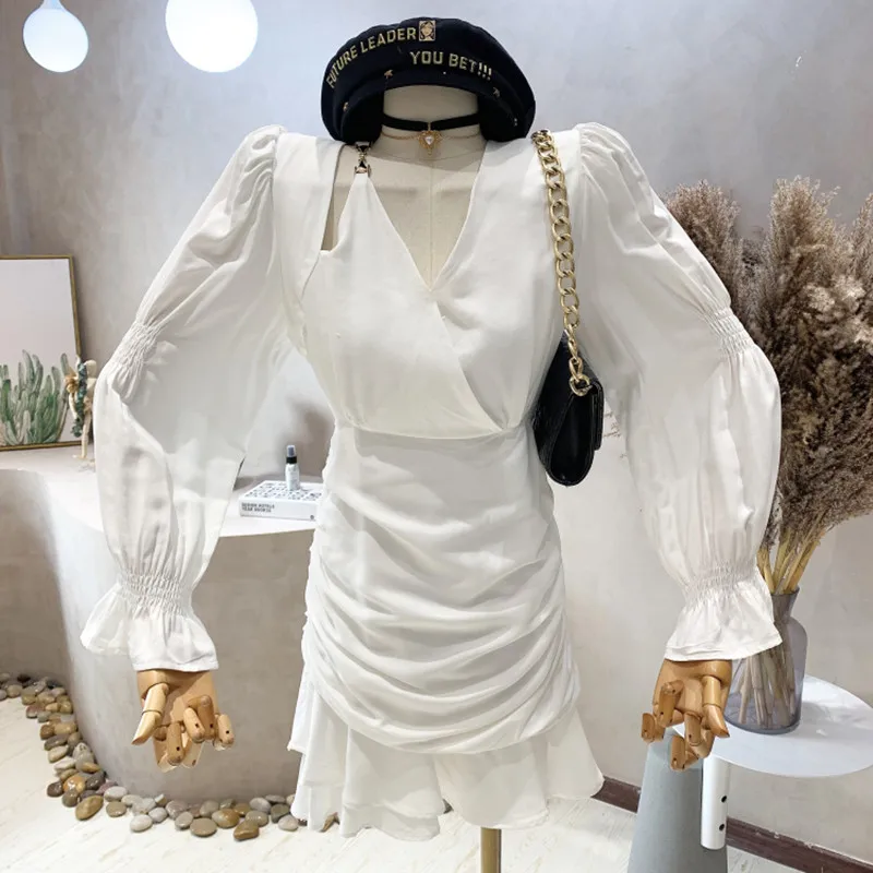 

Niche Design New Women's Clothing 2022 Spring Irregular Temperament Long Sleeve Pleated Thin Ruffle Dress