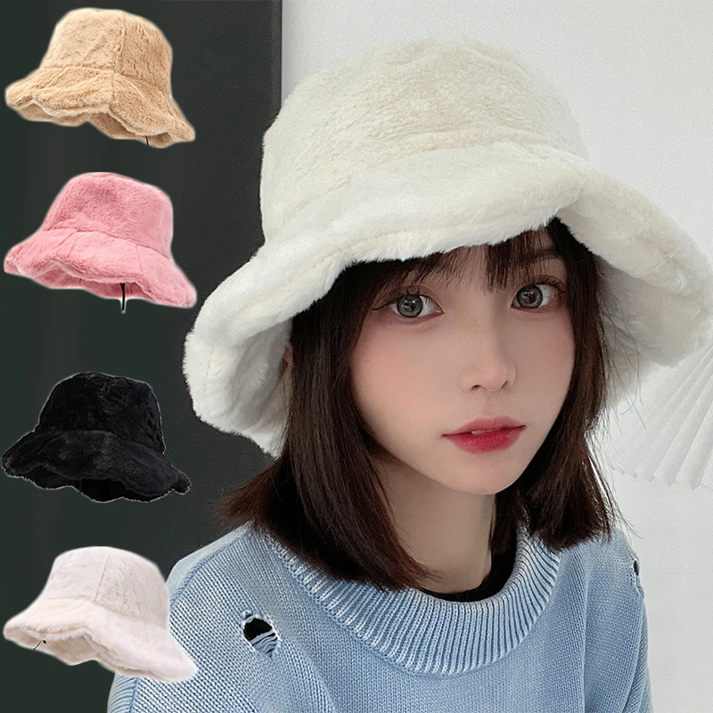 

Plush Flounce Bucket Hat Women Girls Ruffle Panama Buckets Hats Fisherman Cap Plush Outdoor Thermal Warm Bonnet Beanies Caps
