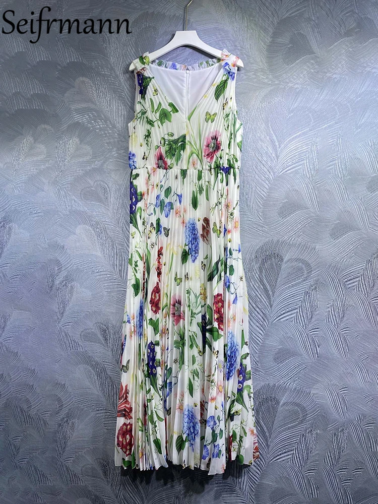 Seifrmann High Quality Summer Women Fashion Designer Pleated Dress Sleeveless Tank Ruffle Trim Flower Printed Loose Long Dresses