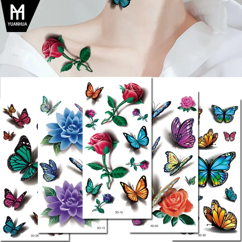 

Water Transfer Printing Easy to Clean Women Tattoo Sticker Body Stickers 3D Butterfly Flower Feather Party Accessories