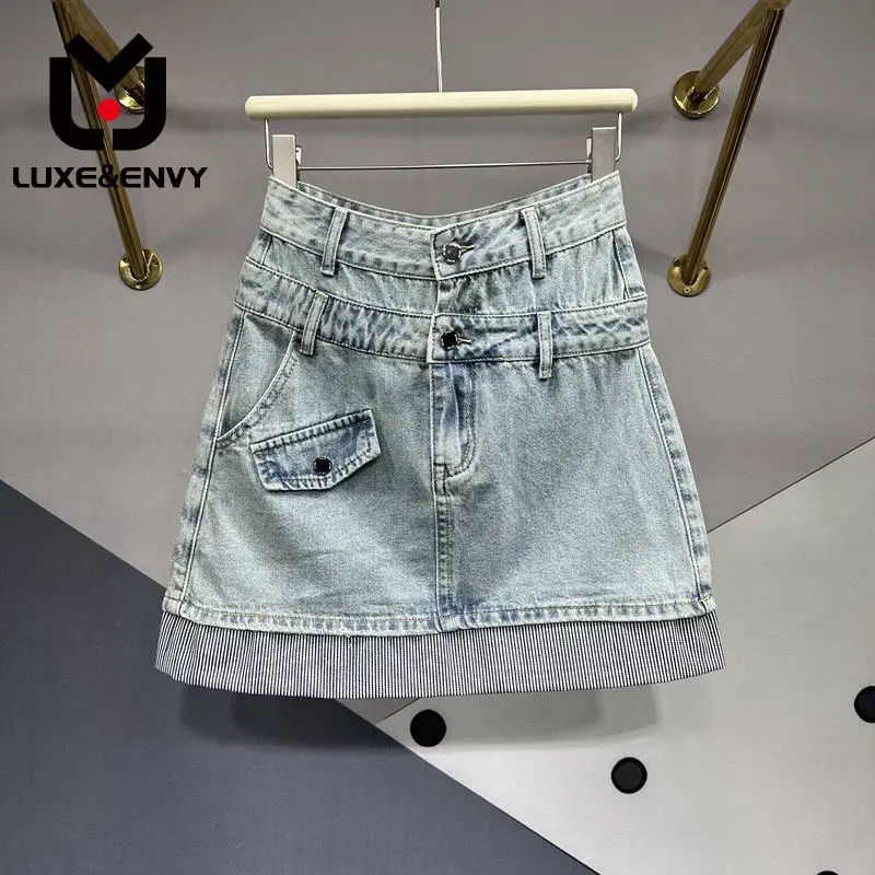 

LUXE&ENVY Small Group Patchwork Denim Skirts Women's 2023 Summer New Korean High Waist Slim A-line Wrap Hip Short Skirt