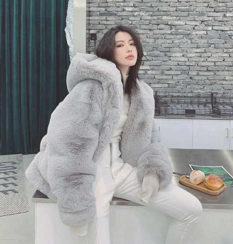 2021 New Rex Rabbit Fur Coats Women Hooded Faux Fur Coat Fashion Zipper Long Sleeve Parkas Streetwear Thick Warm Winter Jacket