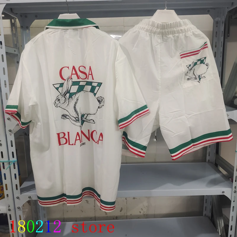 

Комплект из тонкой короткой рубашки и шортов для мужчин и женщин, гавайская пляжная одежда в полоску, с принтом кролика в стиле Касабланки, летние шорты